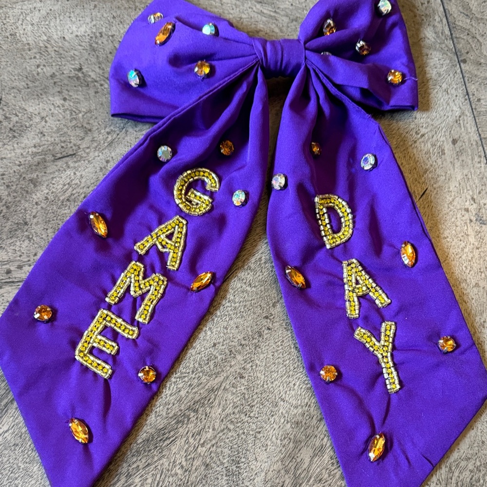 Personalized Purple Hair Bow with 'GAME DAY' Beaded Embellishment